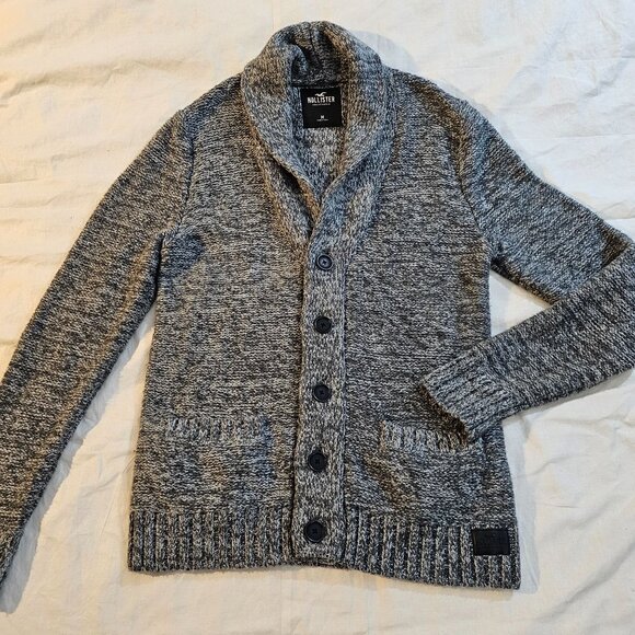 Hollister Men's M Shawl Collar Button Cardigan Sweater Gray/Black Wool Blend - Picture 1 of 6